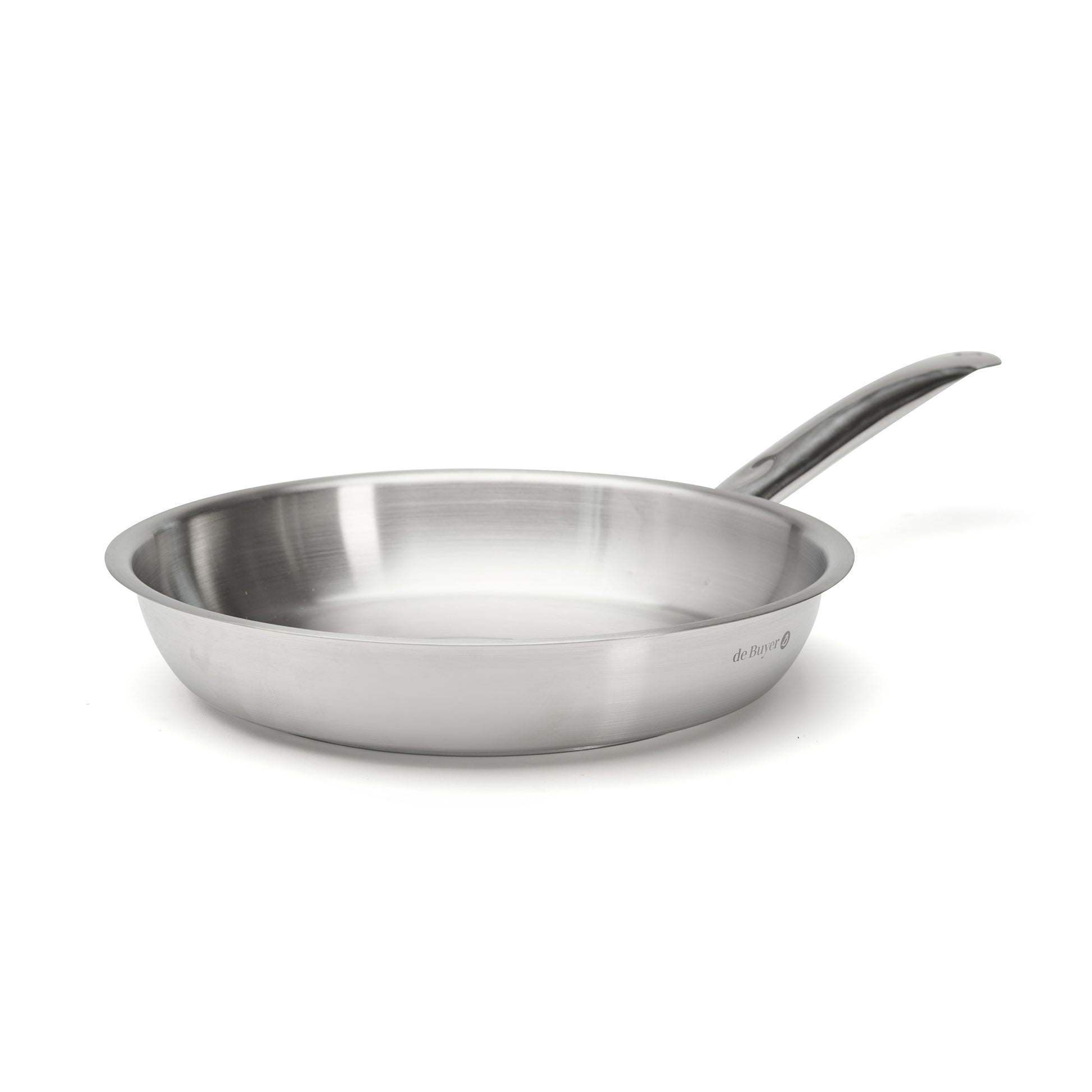 Stainless steel frying pan on a white background