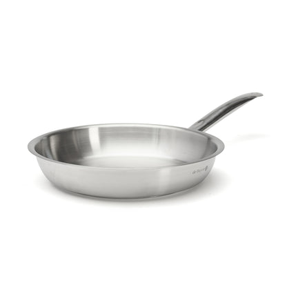 Stainless steel frying pan on a white background