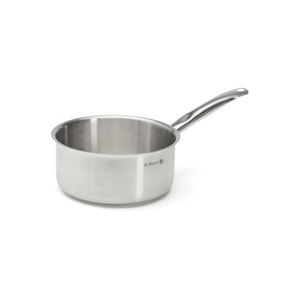 Stainless steel saucepan on a white background