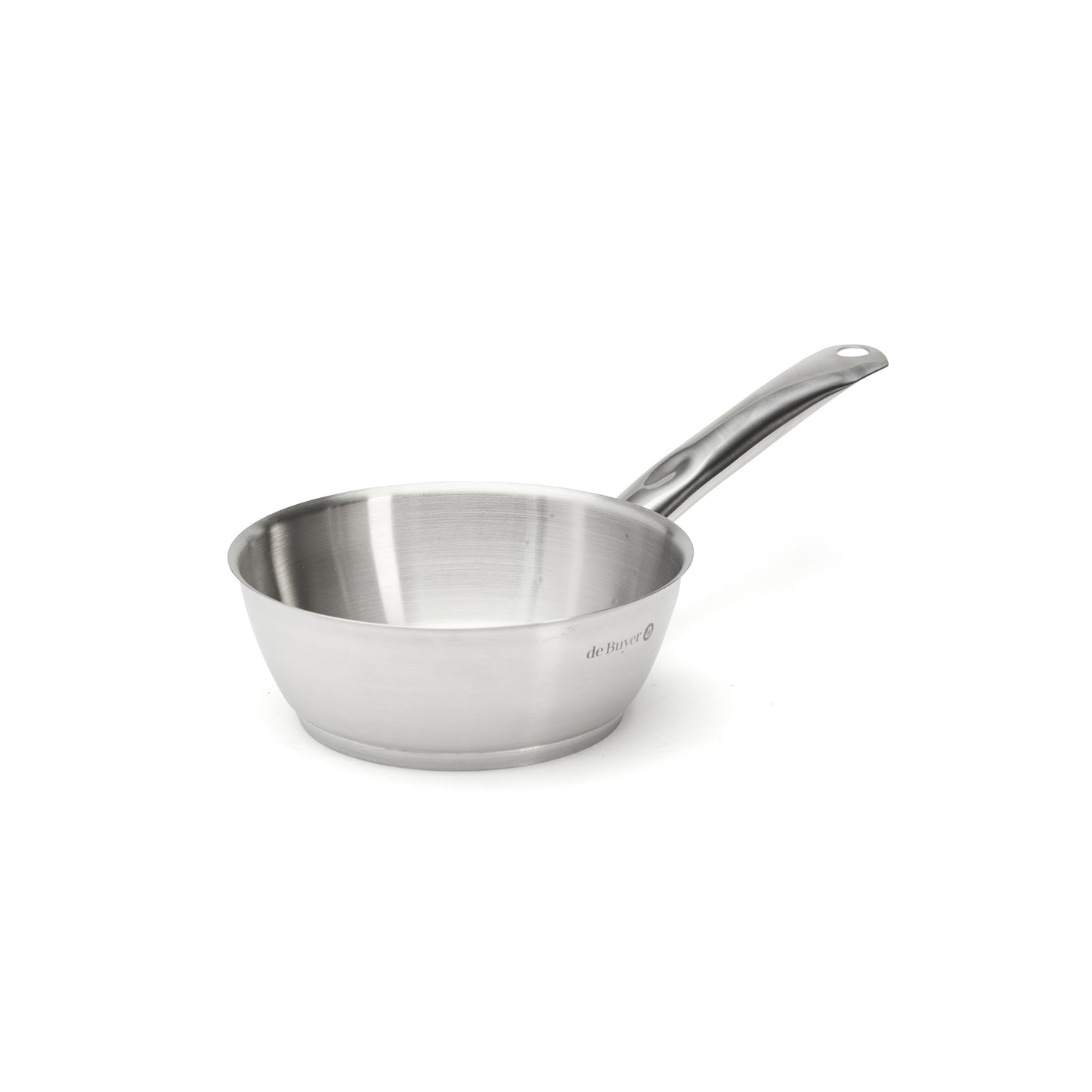 Stainless steel saute pan on a white background