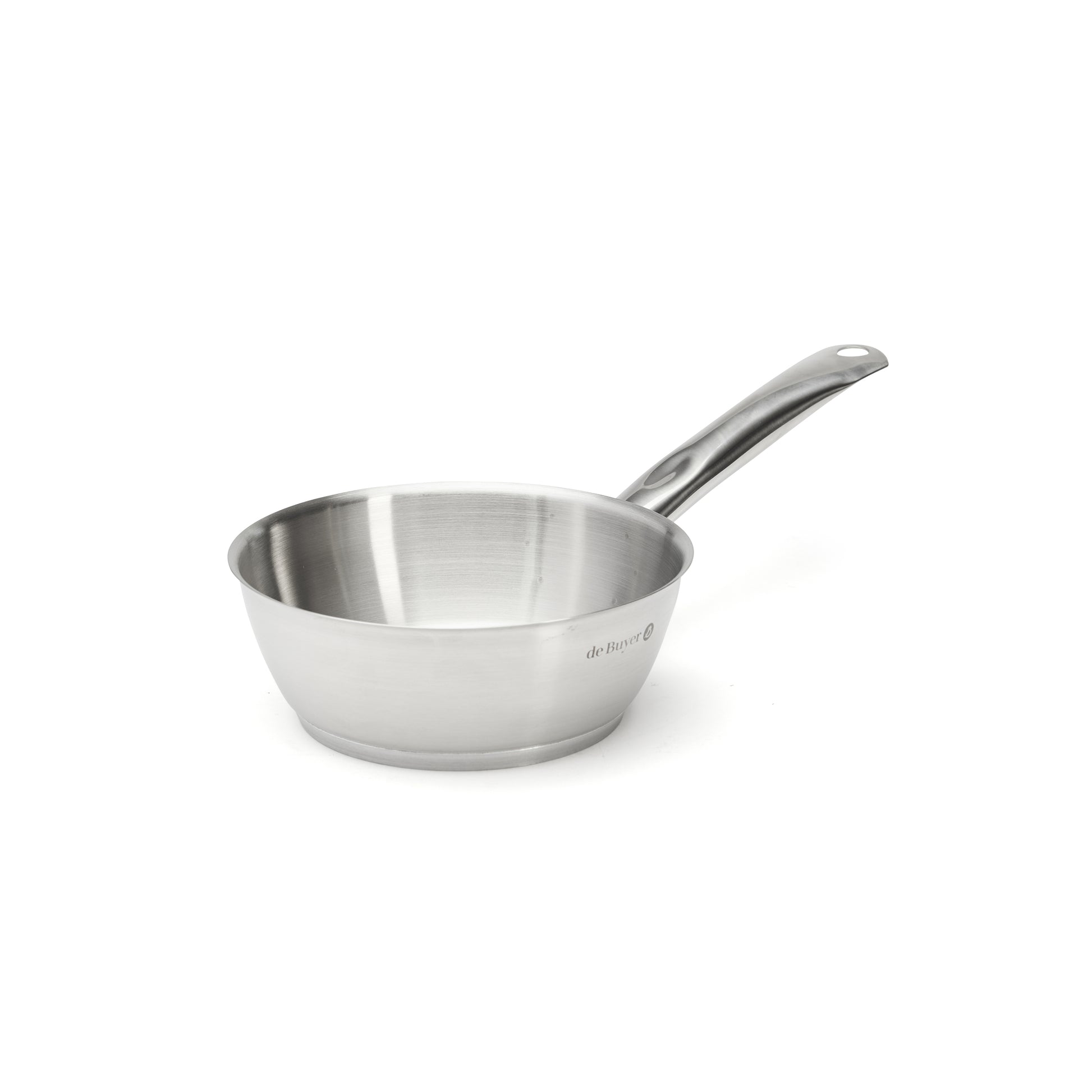 Stainless steel saute pan on a white background